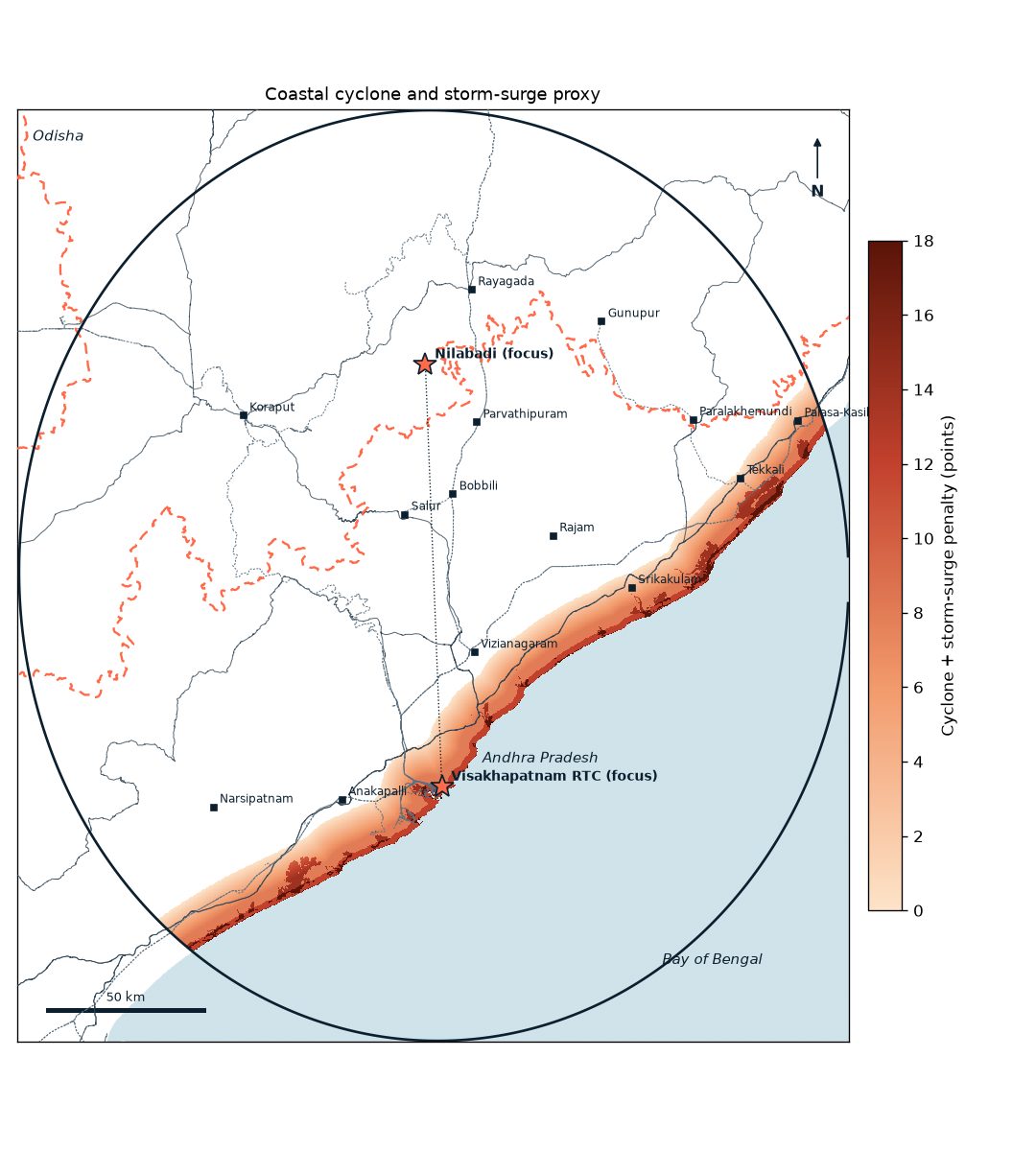 Map of the coastal cyclone and storm-surge penalty, highest along the shoreline