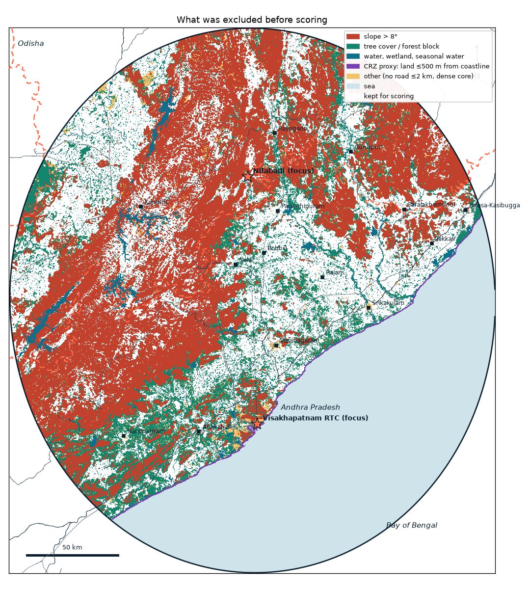 Map of excluded land by reason: slope, tree cover, water, CRZ proxy, other, and sea