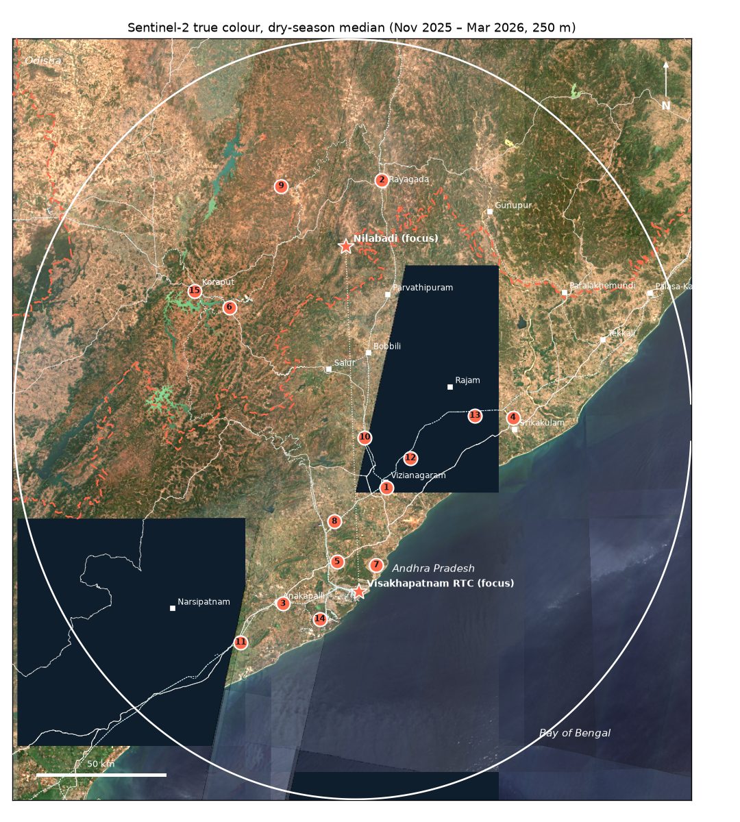 Sentinel-2 true-colour dry-season composite of the ellipse