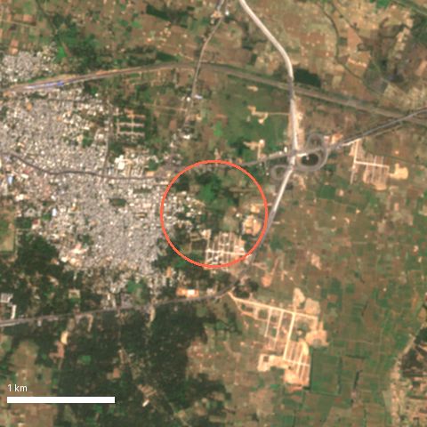 Sentinel-2 image, 4 by 4 km, around Anakapalle; ring shows 500 m radius