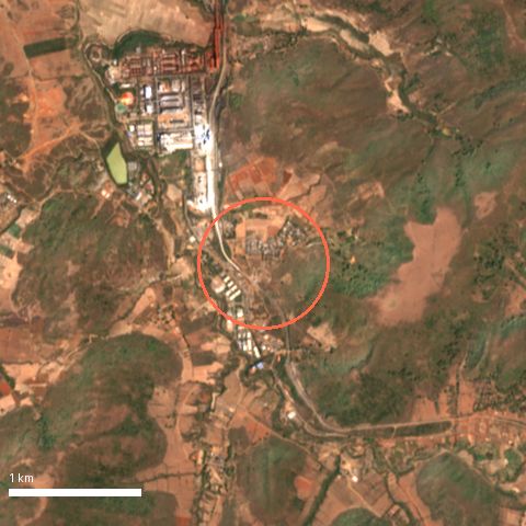 Sentinel-2 image, 4 by 4 km, around Talapada; ring shows 500 m radius