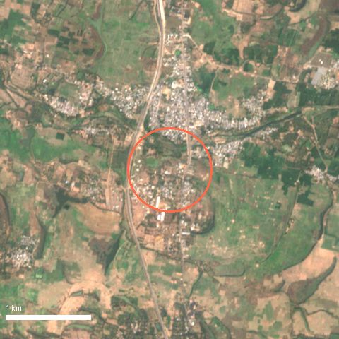 Sentinel-2 image, 4 by 4 km, around Gajapatinagaram; ring shows 500 m radius
