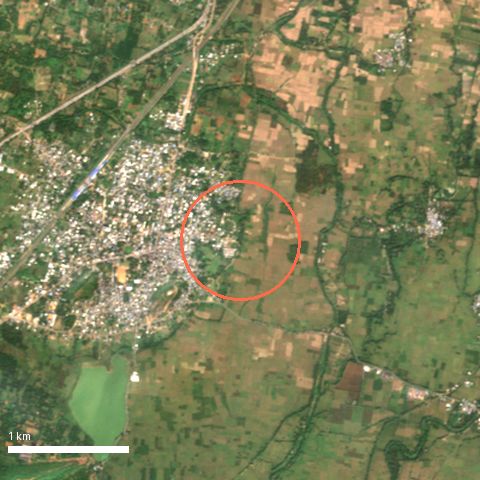 Sentinel-2 image, 4 by 4 km, around Yelamanchili; ring shows 500 m radius
