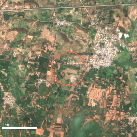 Sentinel-2 image, 4 by 4 km, around Lakshmipuram; ring shows 500 m radius