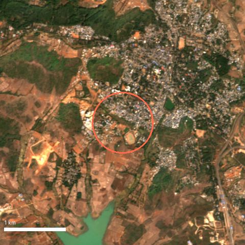 Sentinel-2 image, 4 by 4 km, around Koraput; ring shows 500 m radius