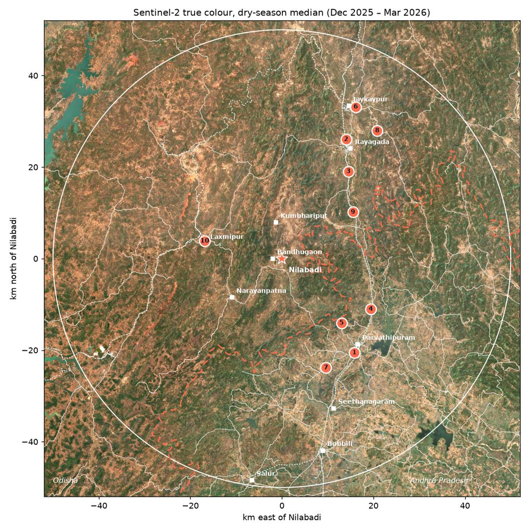 Sentinel-2 composite of the 50 km circle